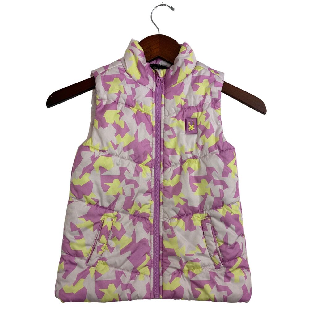 Spyder Girls Size 6 Puffer Vest Pink Purple Yellow Geometric Full Zip Winter